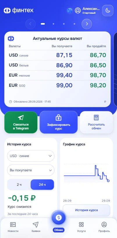 Главный экран мини-приложения Финтех: курсы валют, быстрые действия и динамика курса за сутки